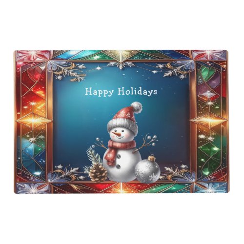 Cute Snowman in Stained Glass Frame Paper Placemat