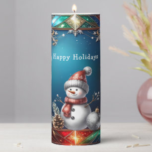 Cute Snowman in Stained Glass Frame Pillar Candle