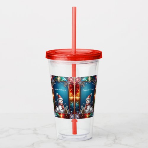 Cute Snowman in Stained Glass Frame Tumbler