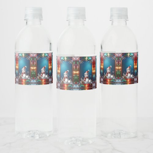 Cute Snowman in Stained Glass Frame Water Bottle Label