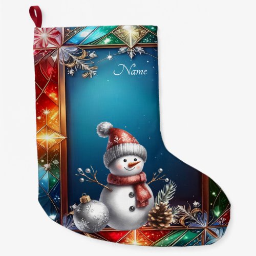 Cute Snowman in Stained Glass Holiday Stocking