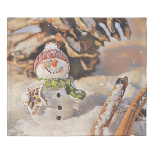 Cute Snowman in the snow watercolor painting  Duvet Cover
