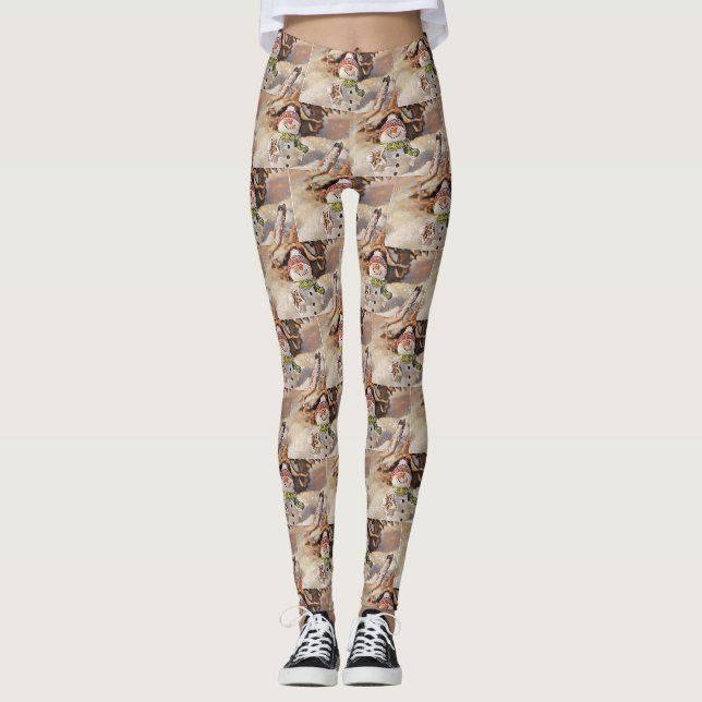 Cute Snowman in the snow watercolor painting  Leggings (Front)