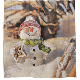 Cute Snowman in the snow watercolor painting Shower Curtain