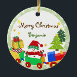 Cute Snowman in Toy Train Christmas Ornament<br><div class="desc">The snowman in red santa hat and scarf on a toy train which is in red blue,  green and yellow. The background has trees with snowflakes and stars. All of the texts in the front and back of ornament are customizable. This is digital illustration</div>