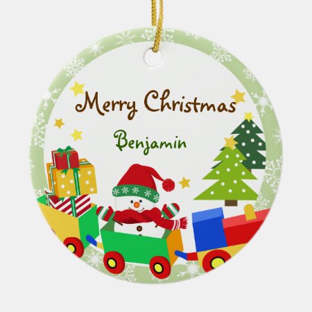 Cute Snowman In Toy Train Christmas Ornament