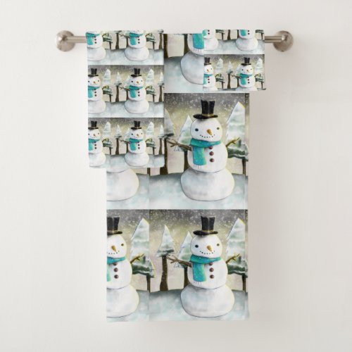 Cute Snowman in Winter Christmas Scene Pattern Bath Towel Set