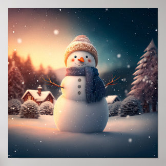 Cute snowman in winter forest. poster