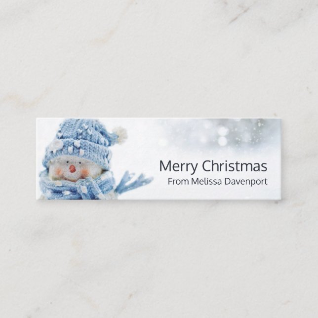 Cute Snowman in Winter Photo Christmas Greeting Mini Business Card (Front)