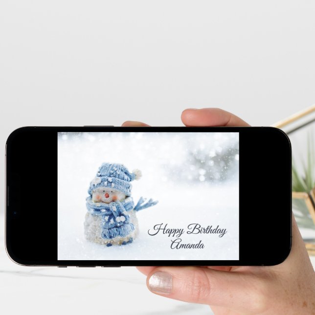 Cute Snowman in Winter Photograph Birthday Card (Front Digital)
