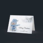 Cute Snowman in Winter Photograph Christmas Card<br><div class="desc">Christmas card with a cute photograph with a little snowman. Standing outside in the winter with snow falling all around. This cute little guy is dressed up in blue knitted outdoor clothing. Some white/gray bokeh flare in the background.</div>