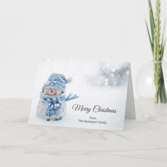 Cute Snowman in Winter Photograph Christmas Card (Front)