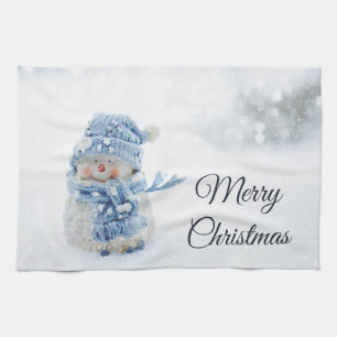 Cute Snowman in Winter Photograph Christmas Kitchen Towel