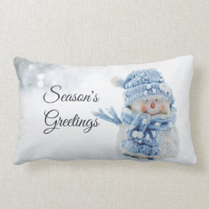 Cute Snowman in Winter Photograph Christmas Lumbar Pillow