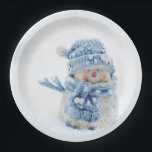 Cute Snowman in Winter Photograph Christmas Paper Plates<br><div class="desc">Paper plates with a cute photograph of a little snowman. Standing outside in the winter with snow falling all around. This cute little guy is dressed up in blue knitted hat and scarf.</div>