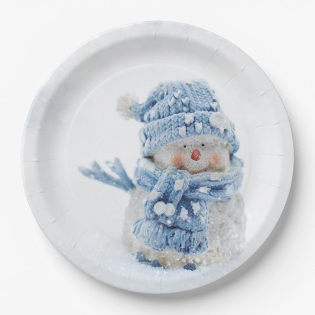 Cute Snowman in Winter Photograph Christmas Paper Plates (Front)