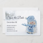 Cute Snowman in Winter Photograph Christmas Save The Date<br><div class="desc">Save the date card with a cute photograph with a little snowman. Standing outside in the winter with snow falling all around. This cute little guy is dressed up in blue knitted outdoor clothing. Some white/gray bokeh flare in the background.</div>
