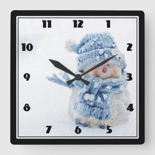 Cute Snowman in Winter Photograph Christmas Square Wall Clock