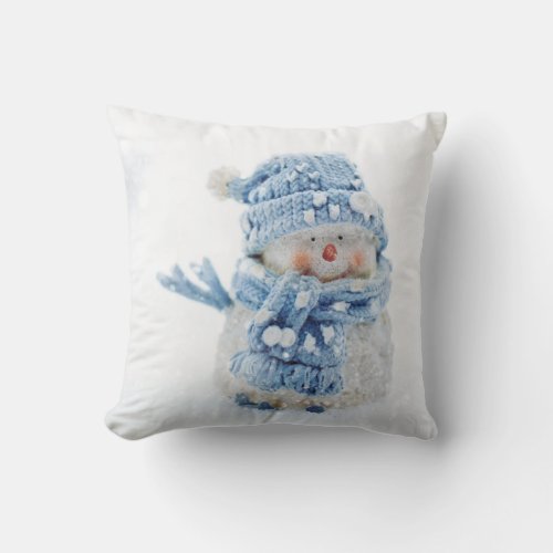 Cute Snowman in Winter Photograph Christmas Throw Pillow