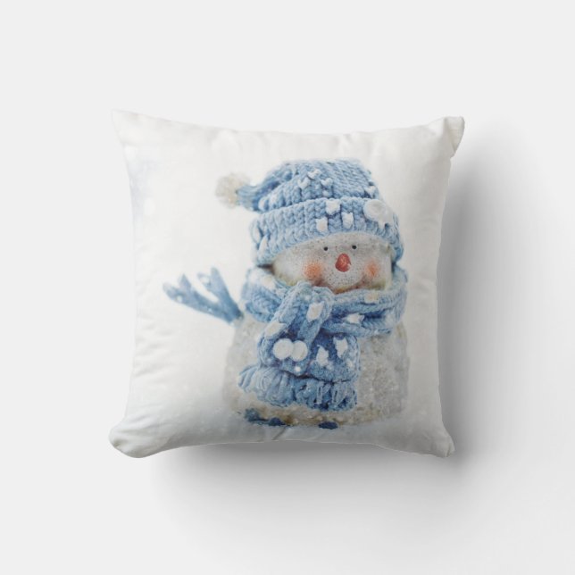 Cute Snowman in Winter Photograph Christmas Throw Pillow (Front)