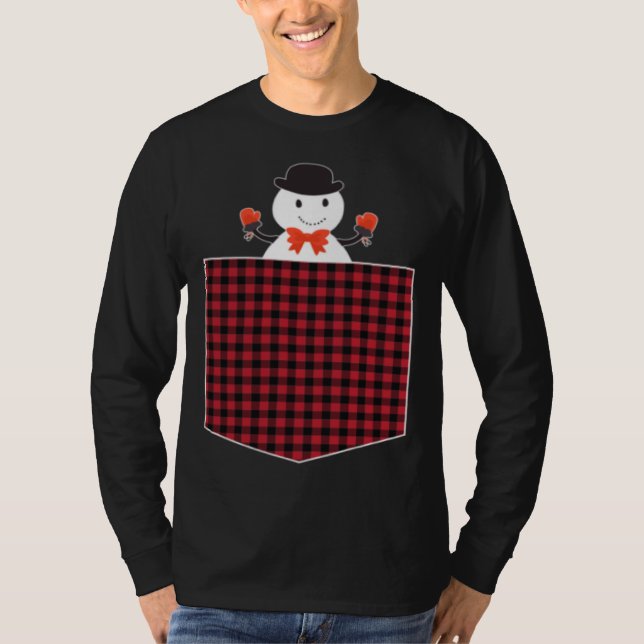 Cute Snowman Inside Buffalo Plaid Pocket Holiday C T-Shirt (Front)