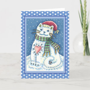 CUTE SNOWMAN KITTEN, SNOWFLAKES CAT AND MOUSE CARD
