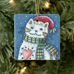 CUTE SNOWMAN KITTEN, SNOWFLAKES CAT AND MOUSE CERAMIC ORNAMENT