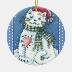 CUTE SNOWMAN KITTEN, SNOWFLAKES CAT AND MOUSE CERAMIC ORNAMENT
