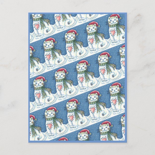 CUTE SNOWMAN KITTEN, SNOWFLAKES CAT AND MOUSE HOLIDAY POSTCARD (Front)