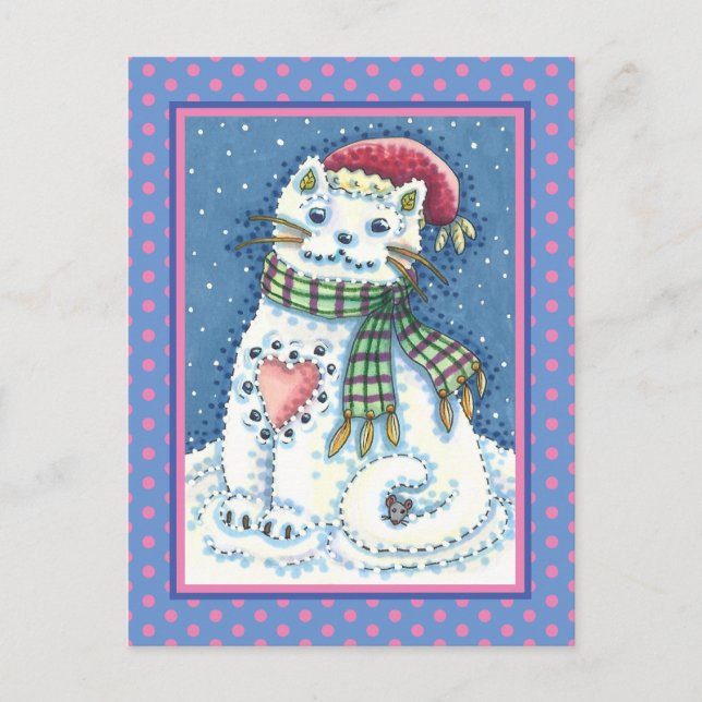 CUTE SNOWMAN KITTEN, SNOWFLAKES CAT AND MOUSE HOLIDAY POSTCARD (Front)