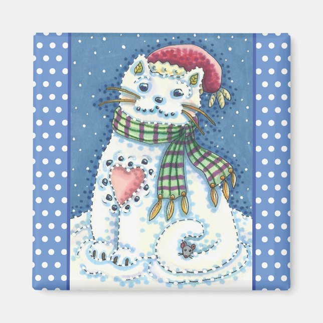 CUTE SNOWMAN KITTEN, SNOWFLAKES CAT AND MOUSE MAGNET (Front)