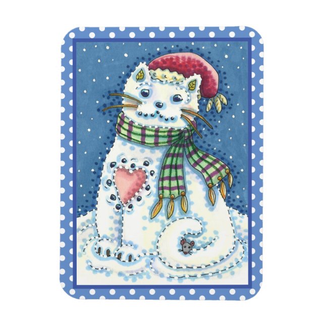CUTE SNOWMAN KITTEN, SNOWFLAKES CAT AND MOUSE MAGNET (Vertical)
