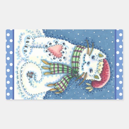 CUTE SNOWMAN KITTEN SNOWFLAKES CAT AND MOUSE RECTANGULAR STICKER