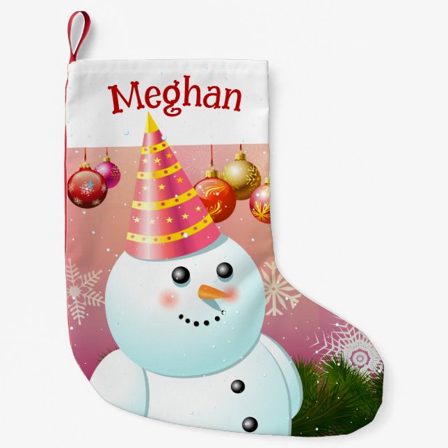 Cute Snowman Lady With Party Hat Small Christmas Stocking (Front)