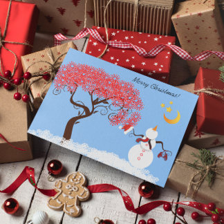 Cute Snowman Looking up at the Moon Holiday Card