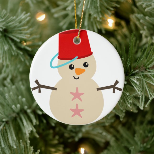 Cute Snowman Made of Sand with Pail for Hat Ceramic Ornament (Tree)