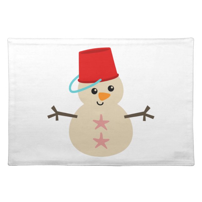 Cute Snowman Made of Sand with Pail for Hat Cloth Placemat (Front)