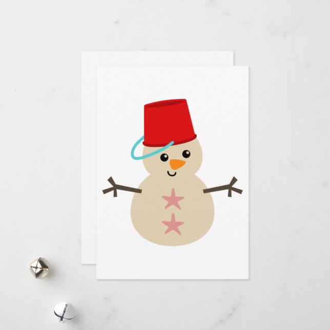 Cute Snowman Made of Sand with Pail for Hat Holiday Card (Front/Back In Situ)