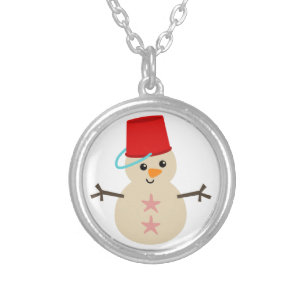 Cute Snowman Made of Sand with Pail for Hat Silver Plated Necklace