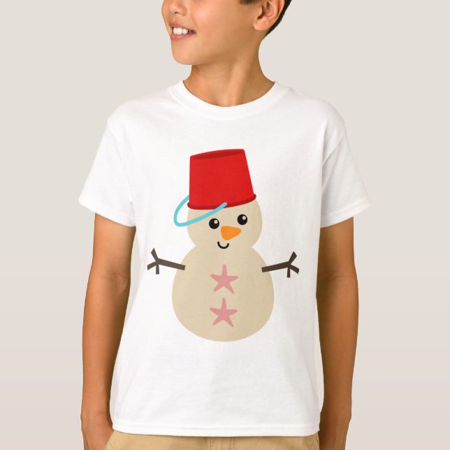 Cute Snowman Made of Sand with Pail for Hat T-Shirt (Front)