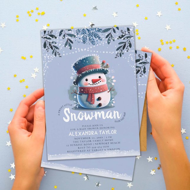 Cute Snowman Magical Lights Winter Boy Baby Shower Invitation (sweet little snowman magical winter wonderland baby boy shower invitation children watercolor)