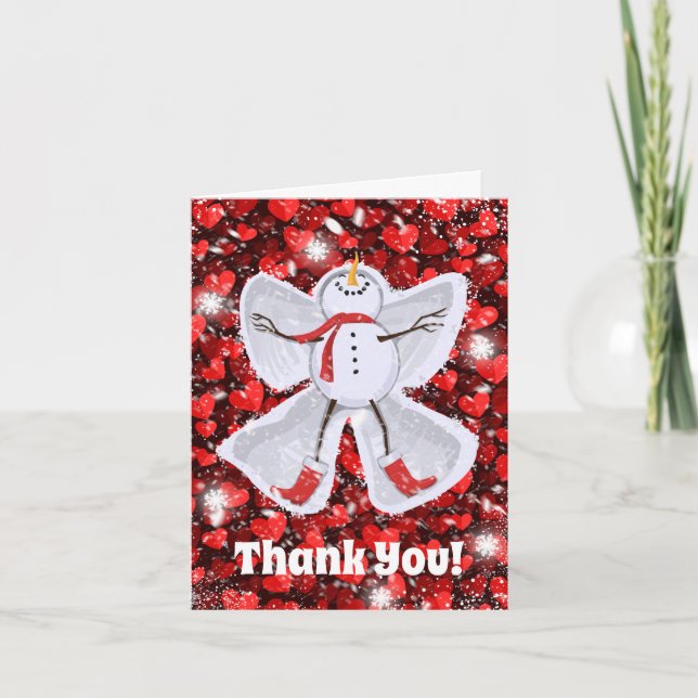Cute Snowman Making a Snow Angel Thank You Card (Front)