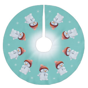 Cute snowman mandala & snowflakes on teal brushed polyester tree skirt