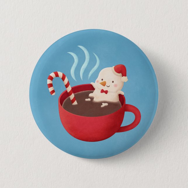 Cute Snowman Marshmallow In Hot Cocoa Christmas Button (Front)