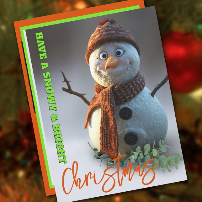 Cute Snowman merry and Bright Christmas  Holiday Card (Funny message, snowy winter christmas card)