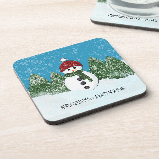 Cute Snowman | Merry Christmas and Happy New Year Beverage Coaster (Left Side)
