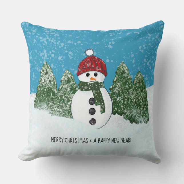 Cute Snowman | Merry Christmas and Happy New Year Throw Pillow (Front)