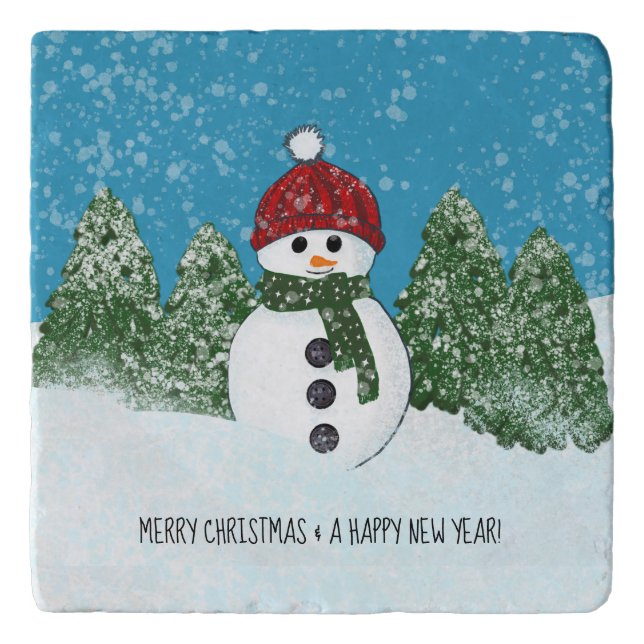 Cute Snowman | Merry Christmas and Happy New Year Trivet (Front)