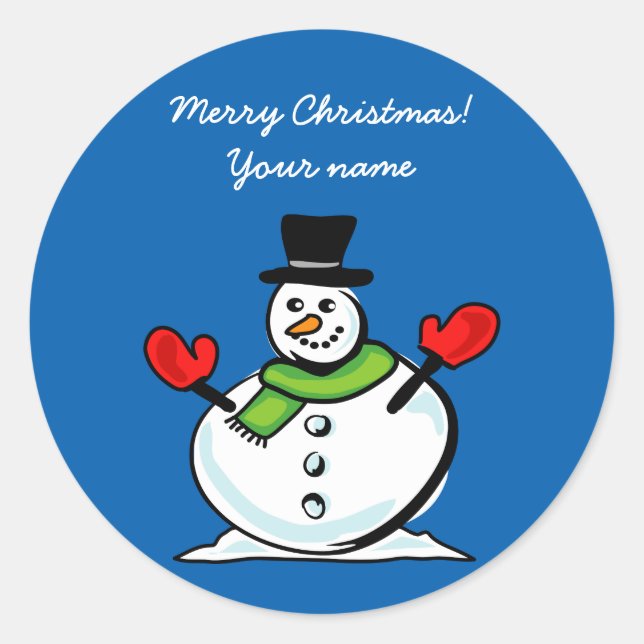 Cute snowman Merry Christmas custom Holiday favor Classic Round Sticker (Front)