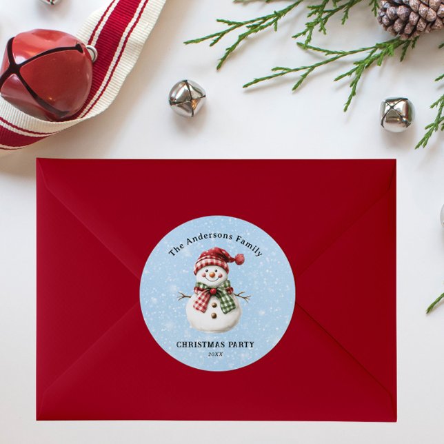 Cute Snowman Merry Christmas Family Party Custom Classic Round Sticker (Creator Uploaded)